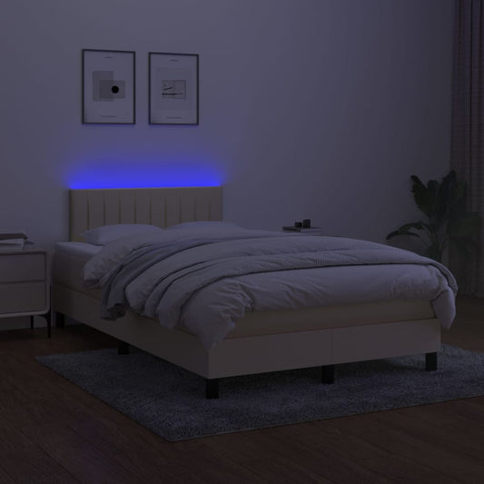 Cama Box Spring Con Colchón Y Led Tela Crema 120x200 Cm / Vetonek_0