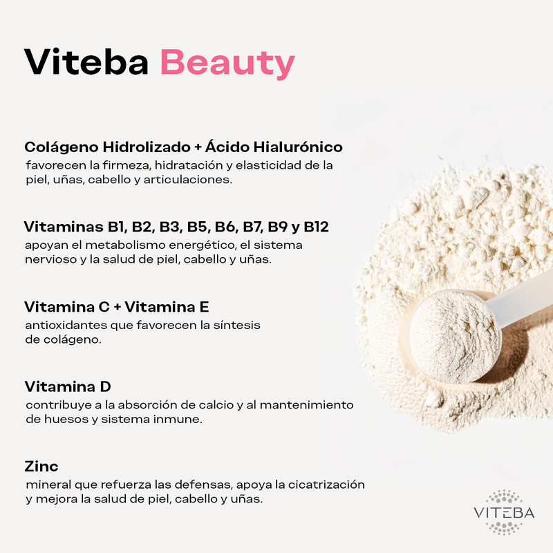 Viteba Colágeno Hidrolizado Beauty en polvo 330 g + Ácido Hialurónico + Vitamina C + Zinc - SIN sabor NI olor