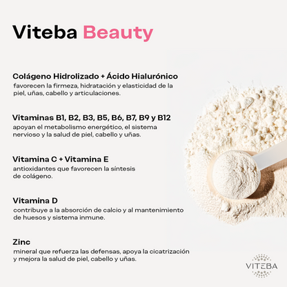 Viteba Colágeno Hidrolizado Beauty en polvo 330 g + Ácido Hialurónico + Vitamina C + Zinc - SIN sabor NI olor