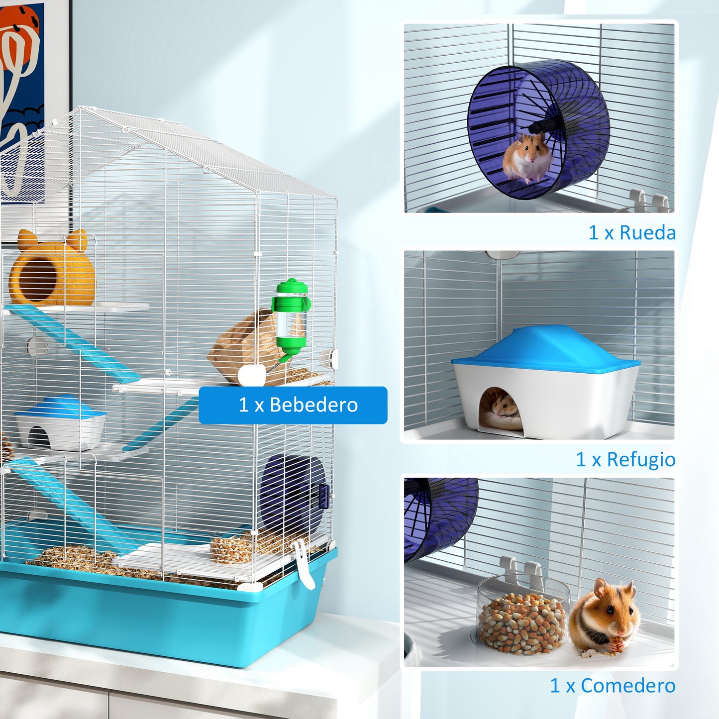 Pawhut Jaula Para Hámster De 5 Niveles Con Plataformas 58x36x81 Cm Azul Claro_4