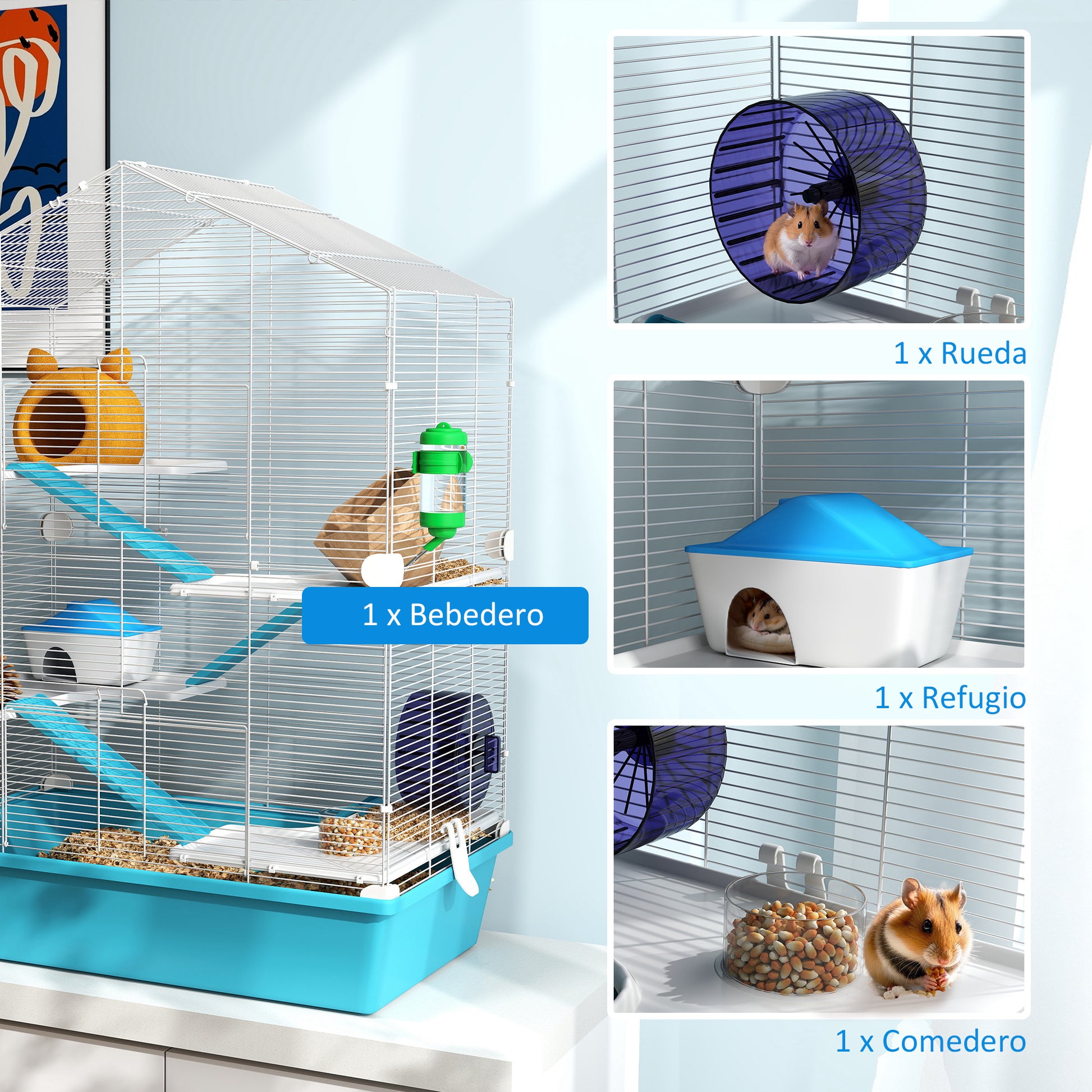 Pawhut Jaula Para Hámster De 5 Niveles Con Plataformas 58x36x81 Cm Azul Claro_4