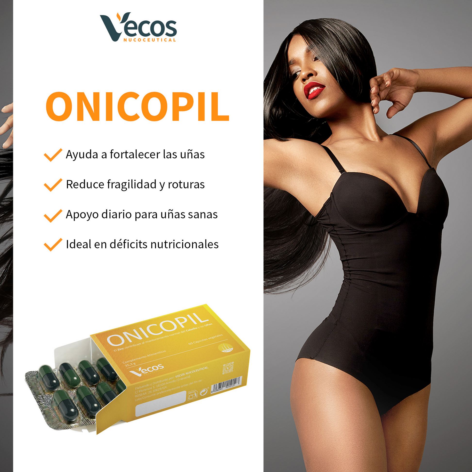 Onicopil Vecos 60 Cápsulas | Cabello, Piel Y Uñas | Biotina, Zinc Y Aminoácidos_3