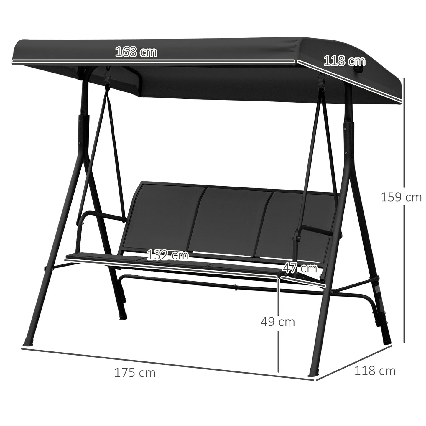 Outsunny Columpio De Jardín De 3 Plazas Techo Ajustable 175x118x159 Cm Negro_2