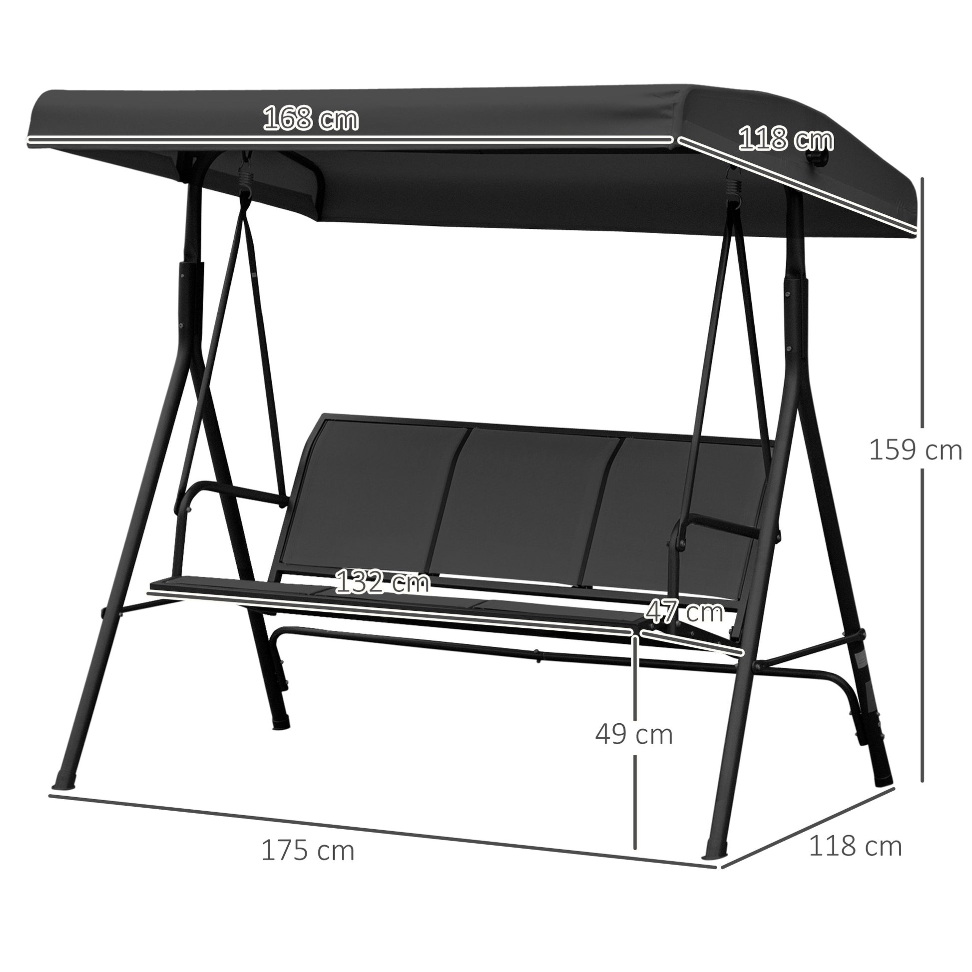 Outsunny Columpio De Jardín De 3 Plazas Techo Ajustable 175x118x159 Cm Negro_2