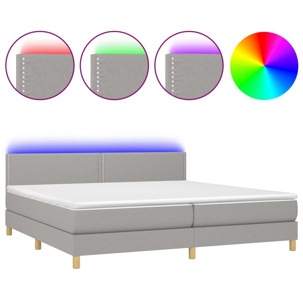 Cama Box Spring Con Colchón Tela Y Led Gris Claro 200x200 Cm / Vetonek_2