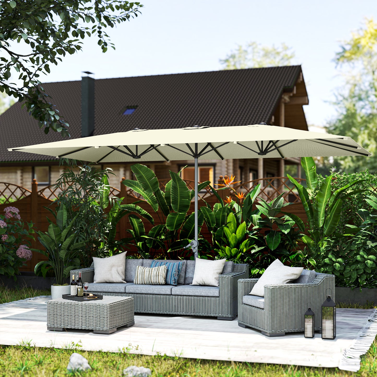 Outsunny Sombrilla Doble 4,5x2,6 M Con Manivela Impermeable Crema_4