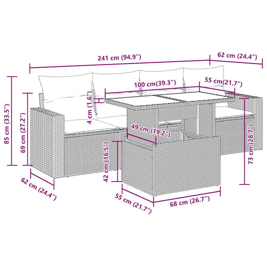 Set Comedor De Jardín 5 Piezas Y Cojines Ratán Sintético Marrón / Vetonek_2