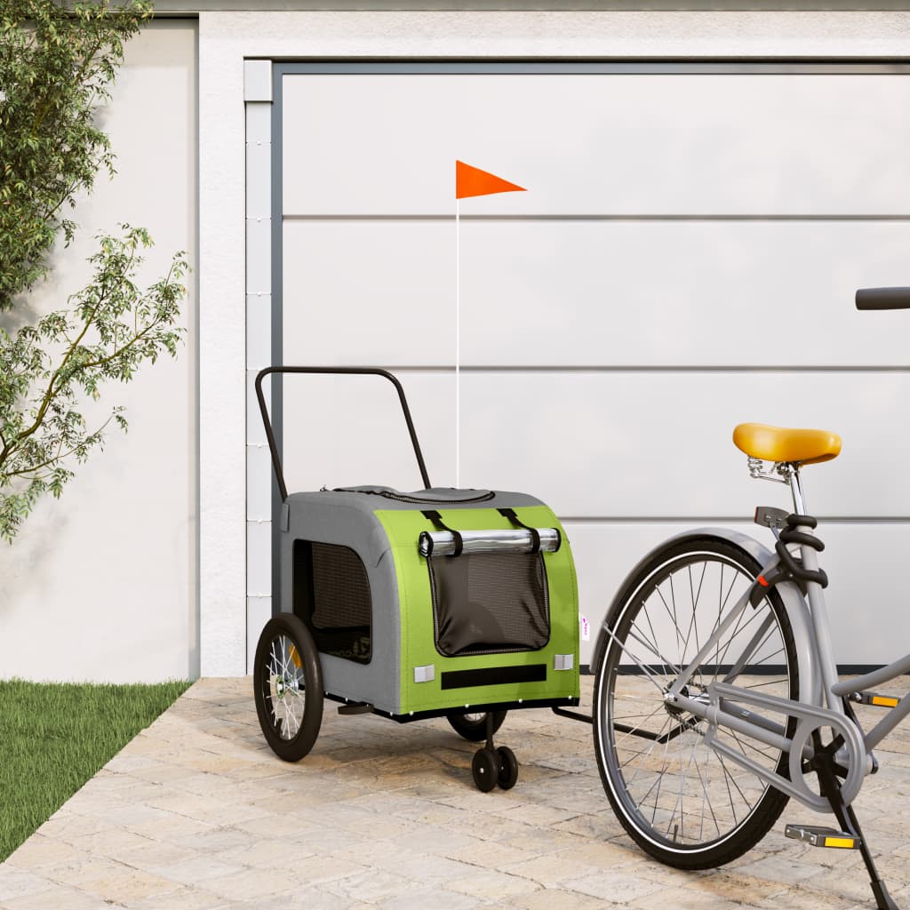Remolque De Bicicleta Mascotas Hierro Tela Oxford Verde Gris_1