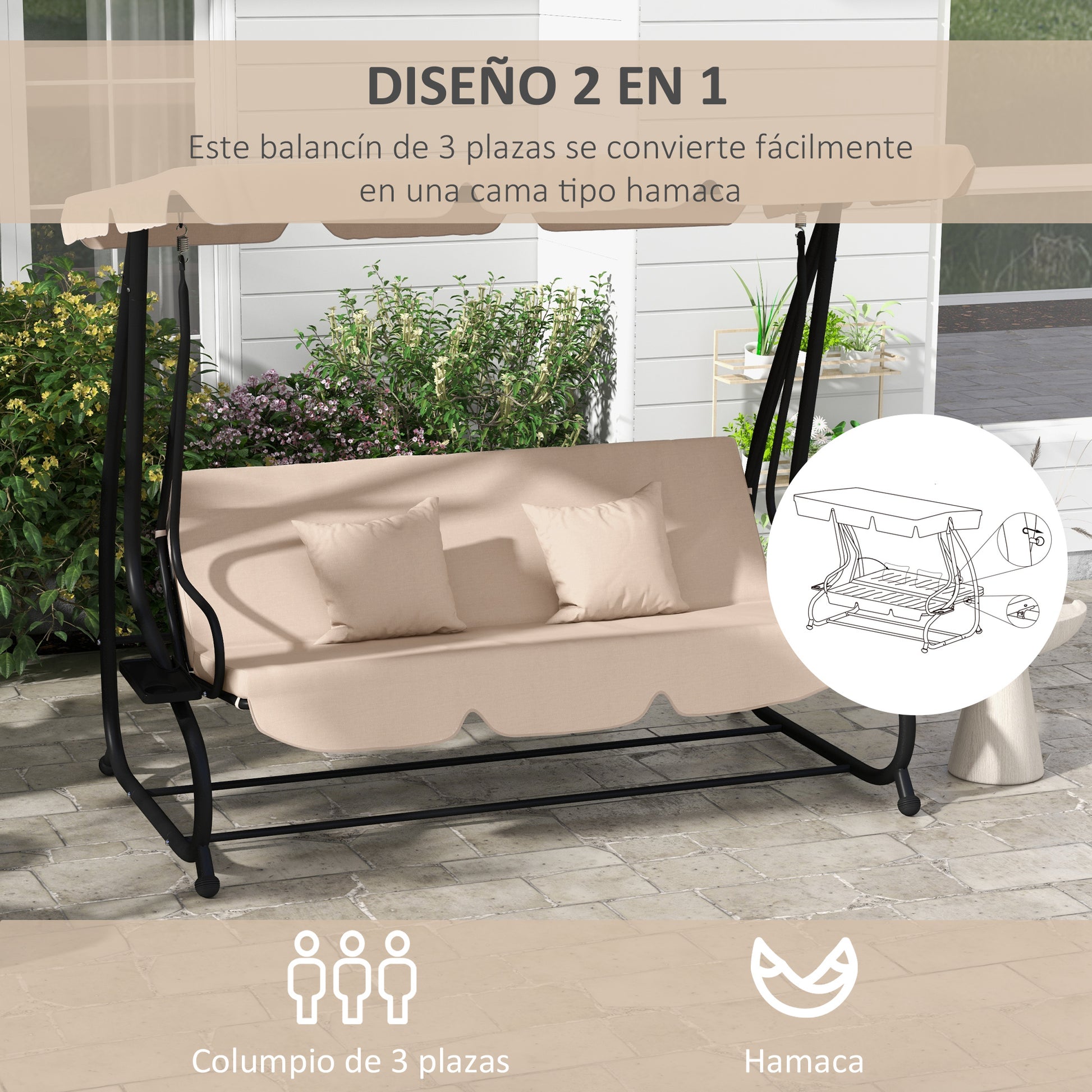 Outsunny Columpio De Jardín Exterior 2 En 1 Con Toldo Ajustable Y Cojines Arena_3