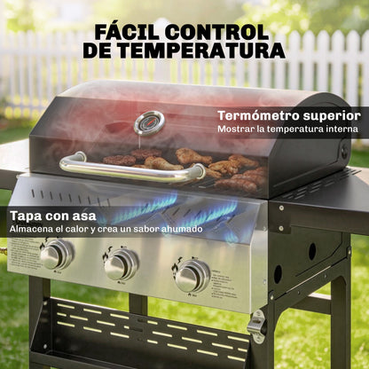 Outsunny Barbacoa De Gas Con 3 Quemadores 9 Kw Termómetro Mesas Laterales Negro_4