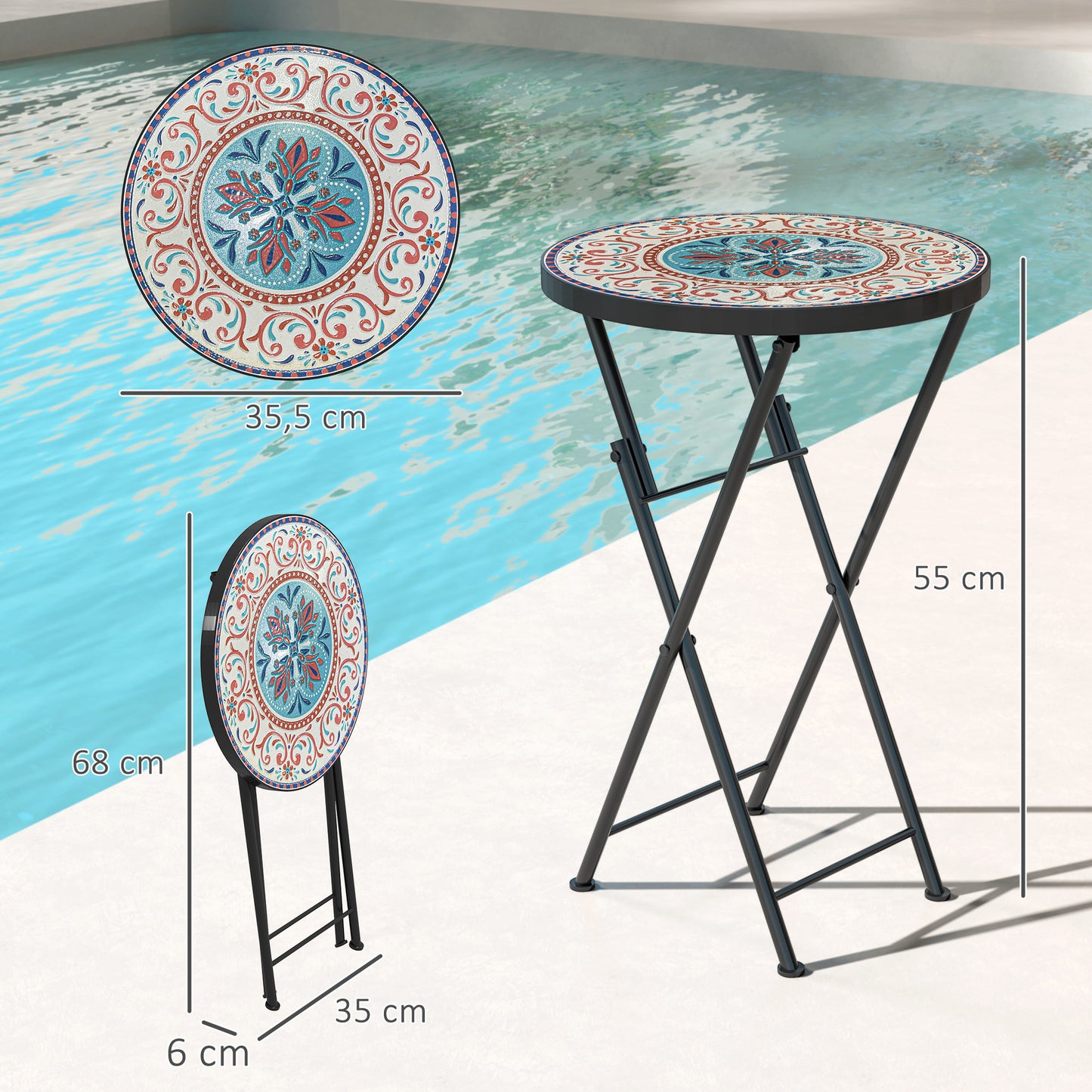 Outsunny Mesa Auxiliar Redonda Plegable Con Encimera De Mosaico Multicolor_2