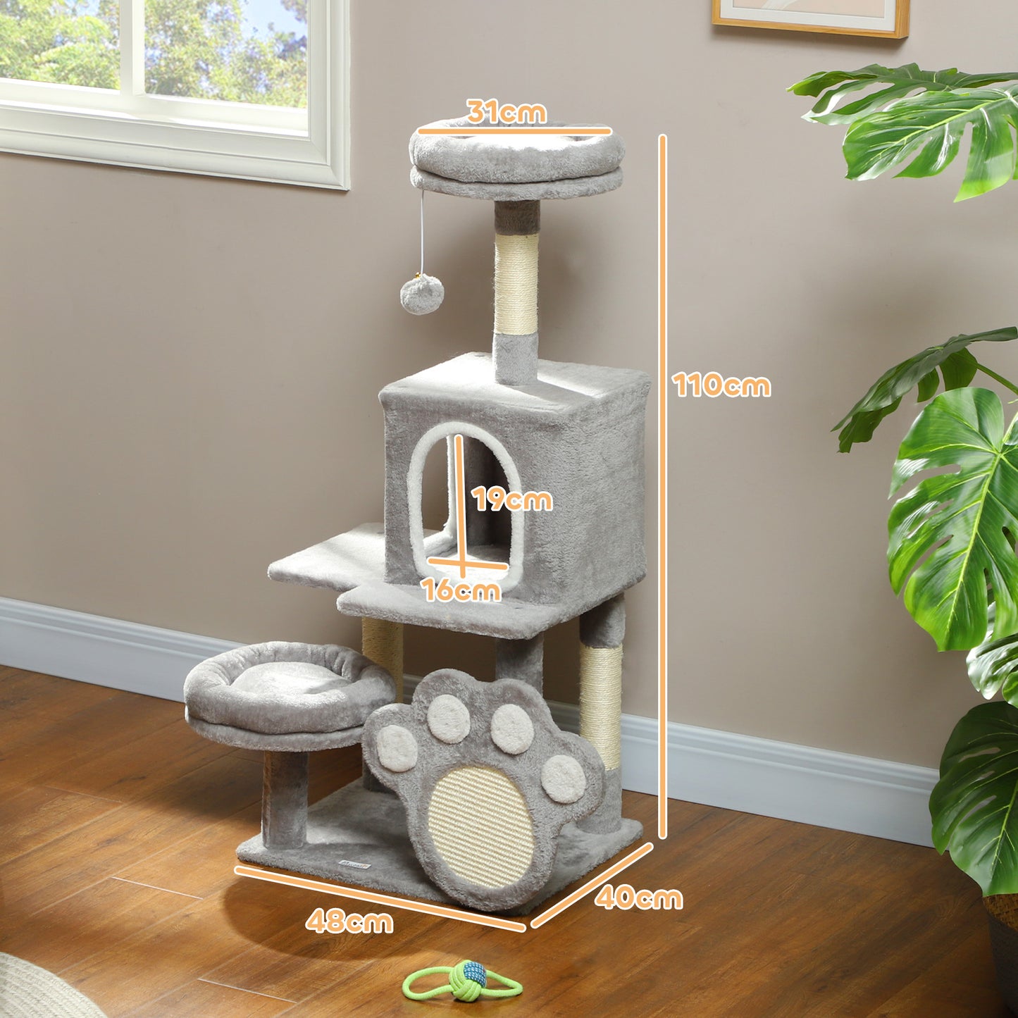 Pawhut Árbol Rascador Para Gatos 110 Cm Con Almohadilla De Rascado Gris Claro_2
