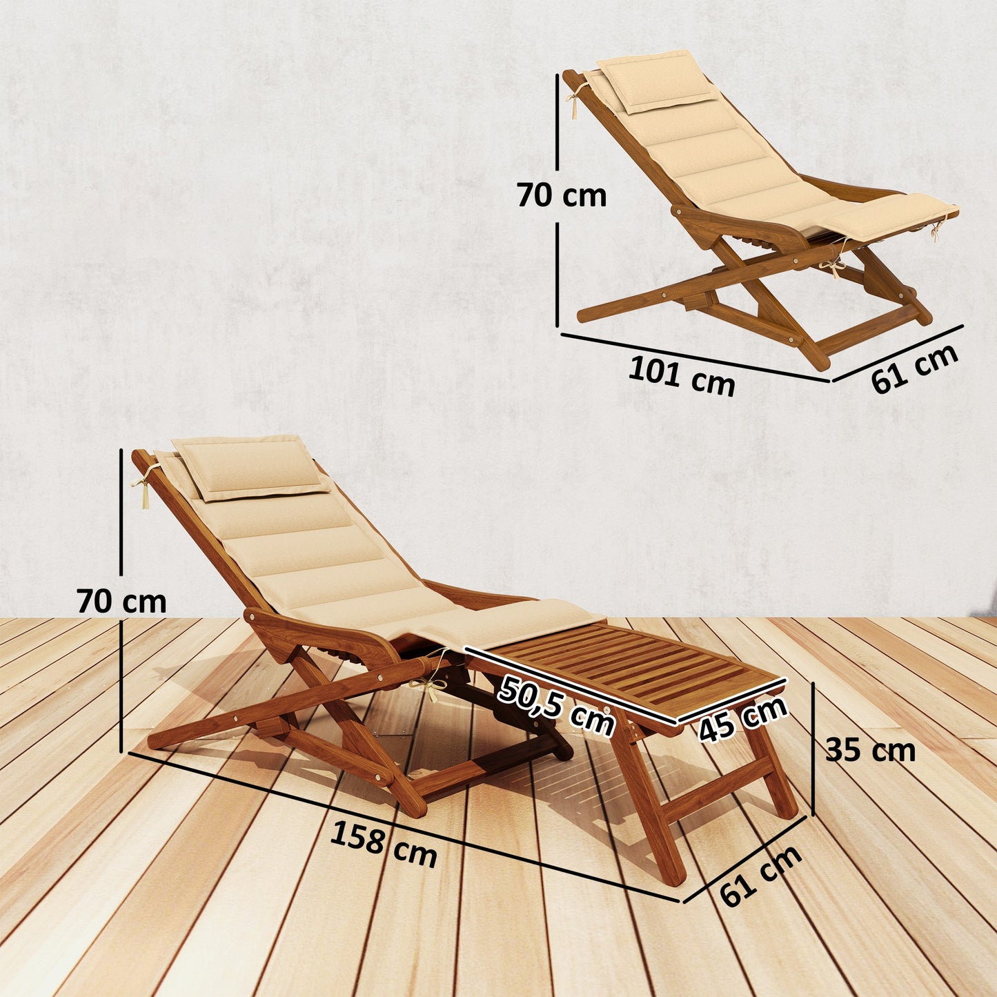 Outsunny Tumbona Silla Plegable De Madera Con Reposapiés Desmontable Y Cojín_2