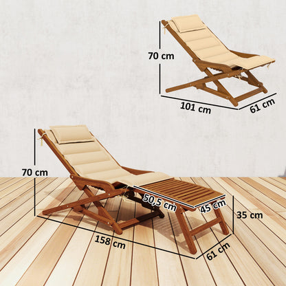 Outsunny Tumbona Silla Plegable De Madera Con Reposapiés Desmontable Y Cojín_2