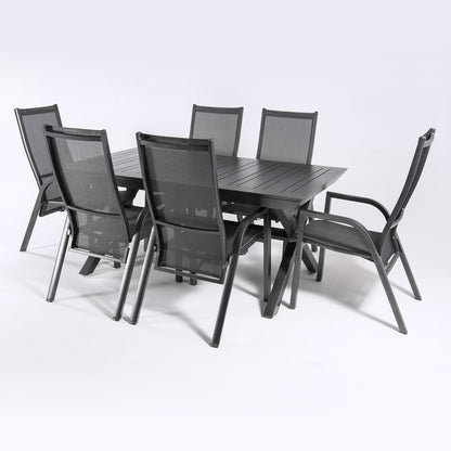 Conjunto Mesa Exterior Extensible 170/240 Y 6 Sillones Reclinables, Aluminio Antracita, Textilene Plata Y Negro, 6 Plazas_2