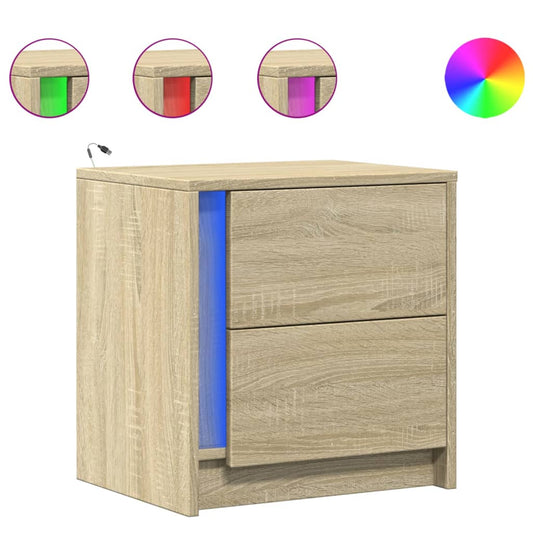 Mesitas De Noche Luces Led 2 Uds Madera Ingeniería Roble Sonoma_0
