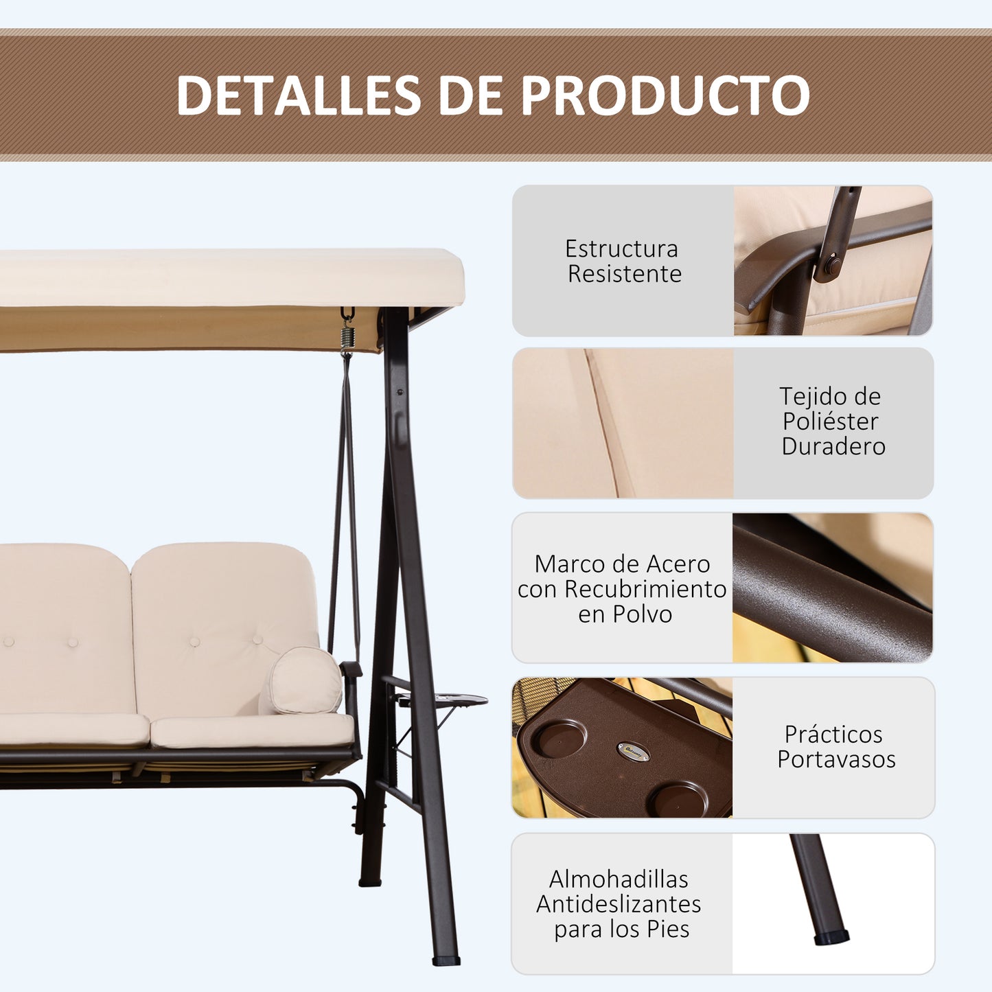 Outsunny Columpio Balancín Jardín 3 Plazas Techo 2 Cojines 208x121x172 Cm Beige_5