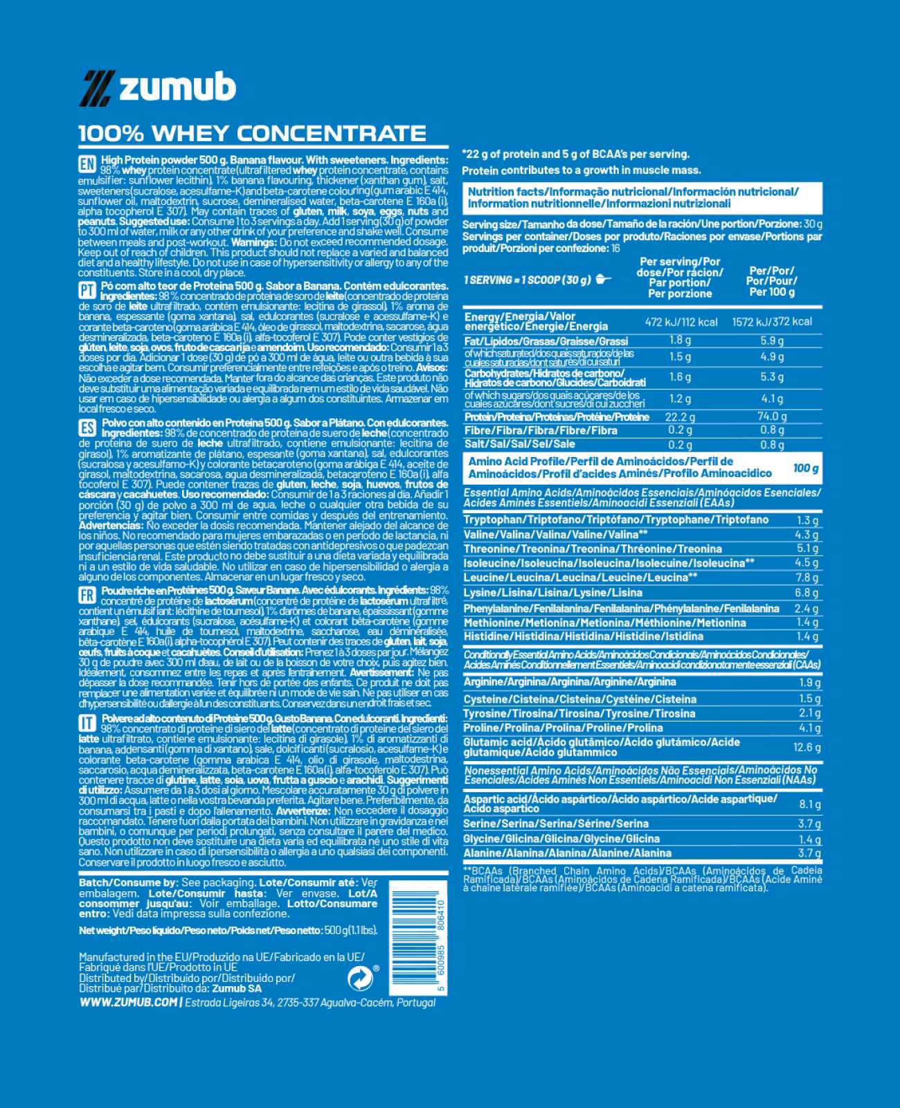 Zumub 100% Whey Concentrate 500 G  - Plátano