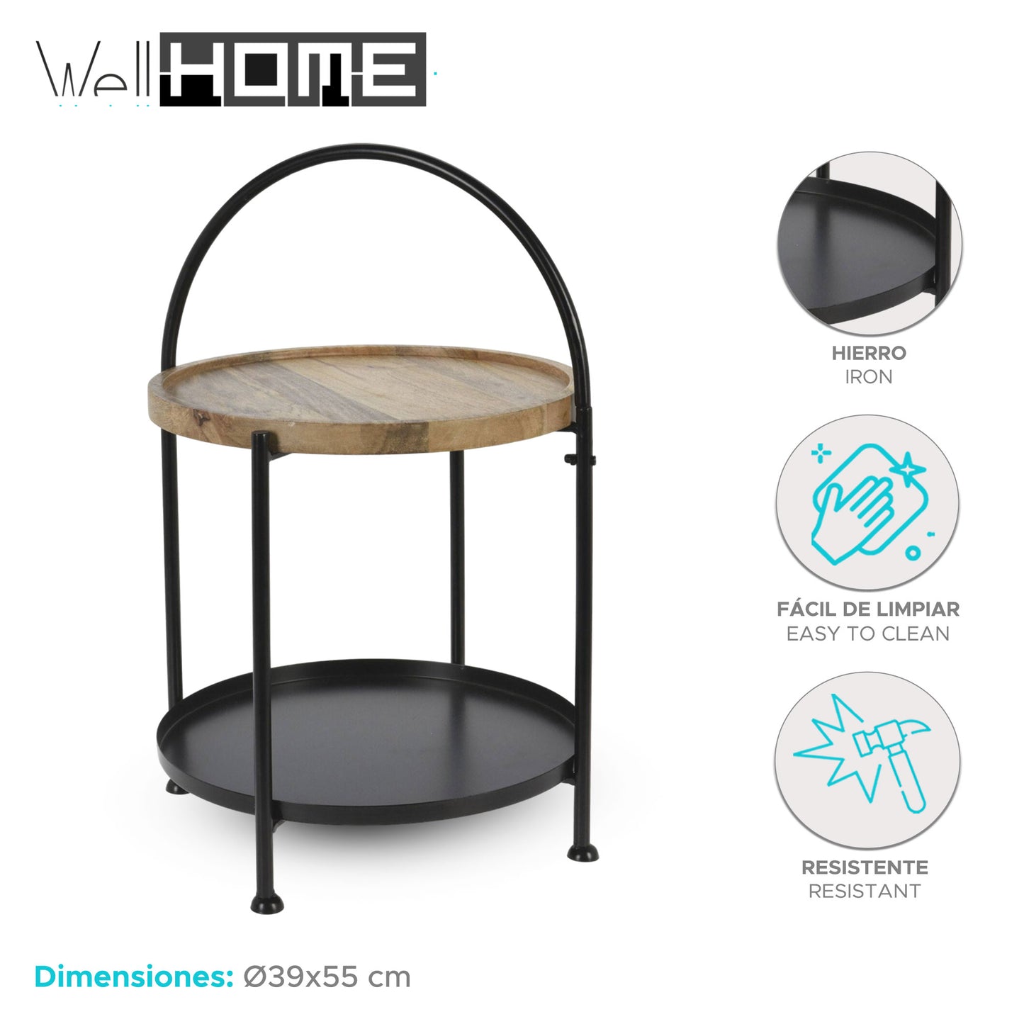 Well Home Mesa Auxiliar Con Dos Bandejas Color Negro Ø39x55cm