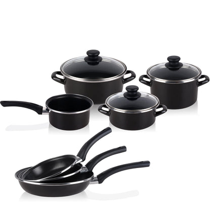 Bateria De Cocina 7 Piezas + Set Juego 3 Sartenes 18-20-24cm, Acero Vitrificado 820ºc, Libre Pfoa Magefesa Kenia, Negro