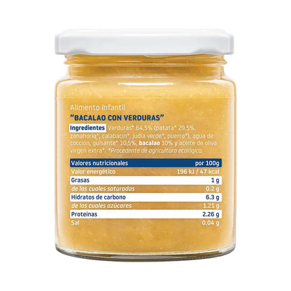 Tarrito BIO de verduras ecológicas con bacalao 230g.