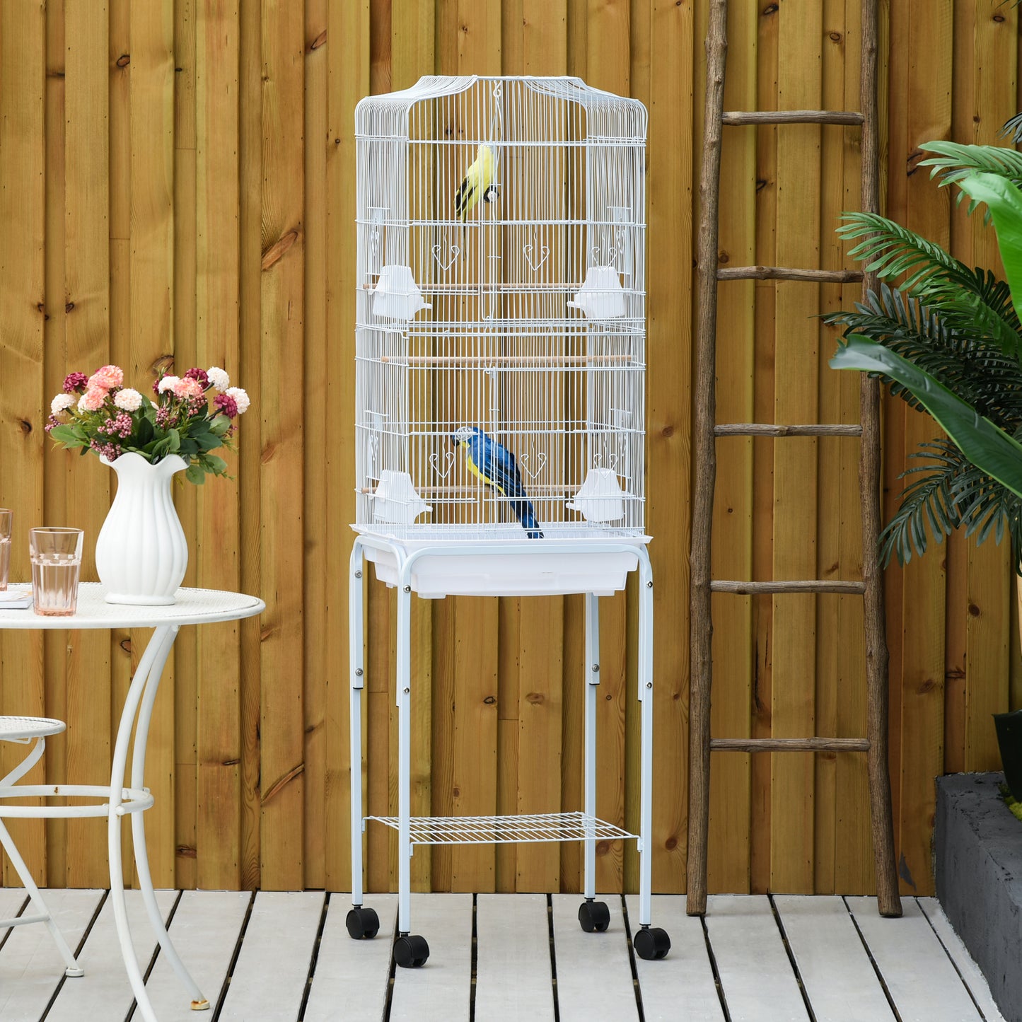 Pawhut Jaula Para Pájaros Con Soporte 4 Ruedas Y Comederos 46,5x36x157 Cm Blanco_1