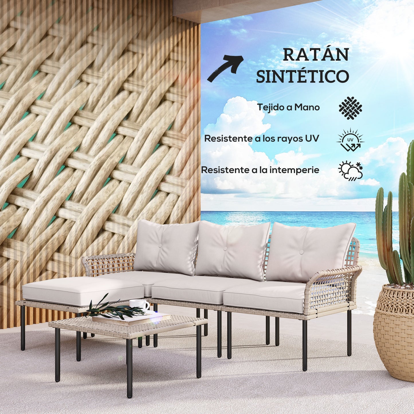 Outsunny Conjunto De Jardín De Ratán Sintético De 5 Piezas Crema_3