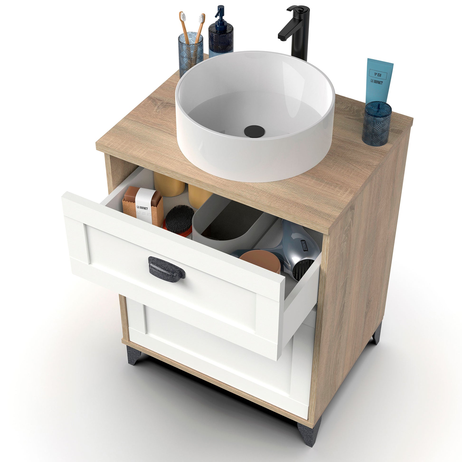 Mueble Baño 60cm Lavabo Sobre Encimera No Incluido, Armario Auxiliar Estilo Vintage 80x61x47cm, Briebe, Eterna, Blanco