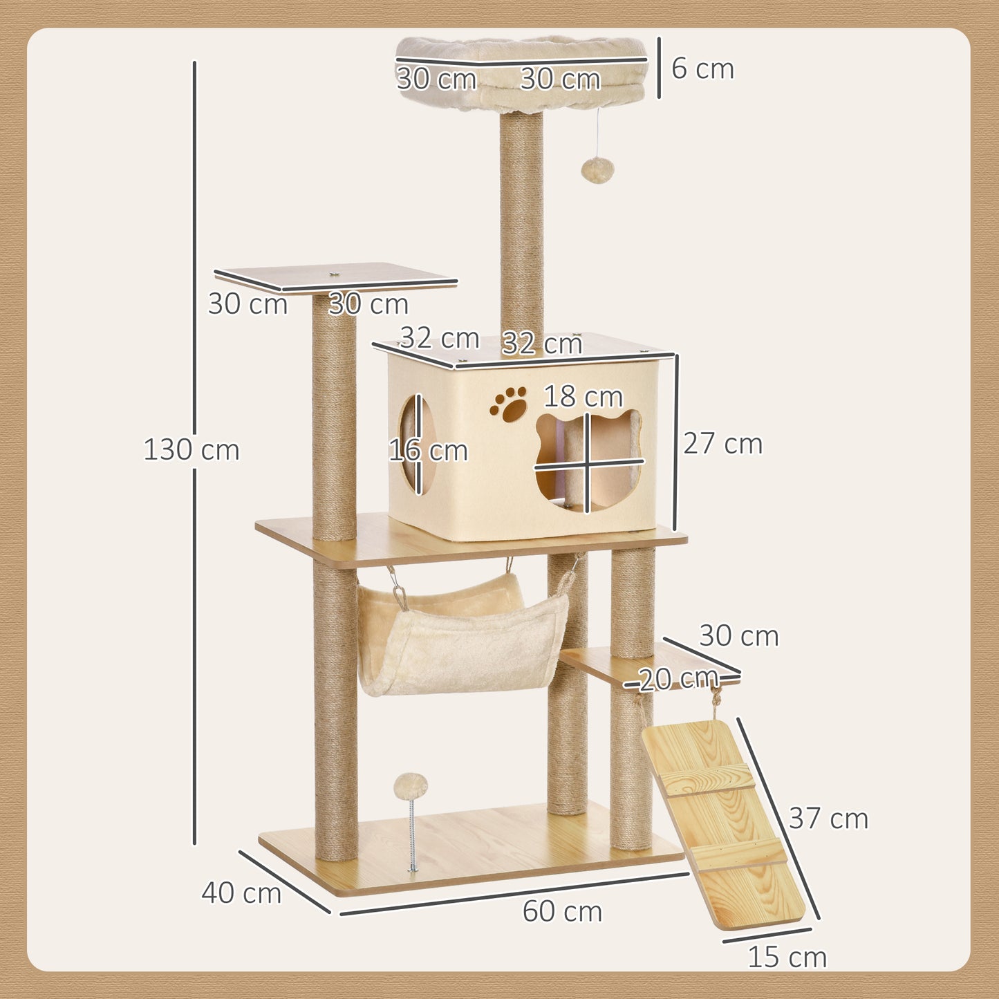 Pawhut Árbol Rascador Para Gatos Con Plataformas Hamaca Escalera Cueva 60x40x130_2