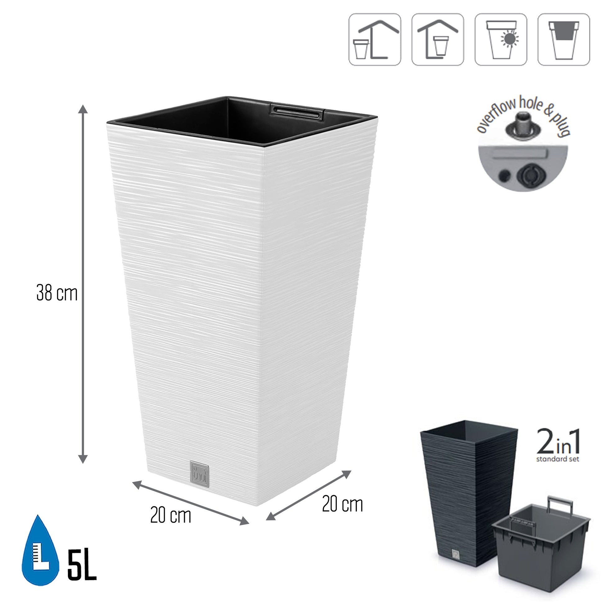 Macetero Color Blanco, Con Depósito, Colección Furu, De 20 X 20 X 38 Cm, Capacidad De 5 L._1