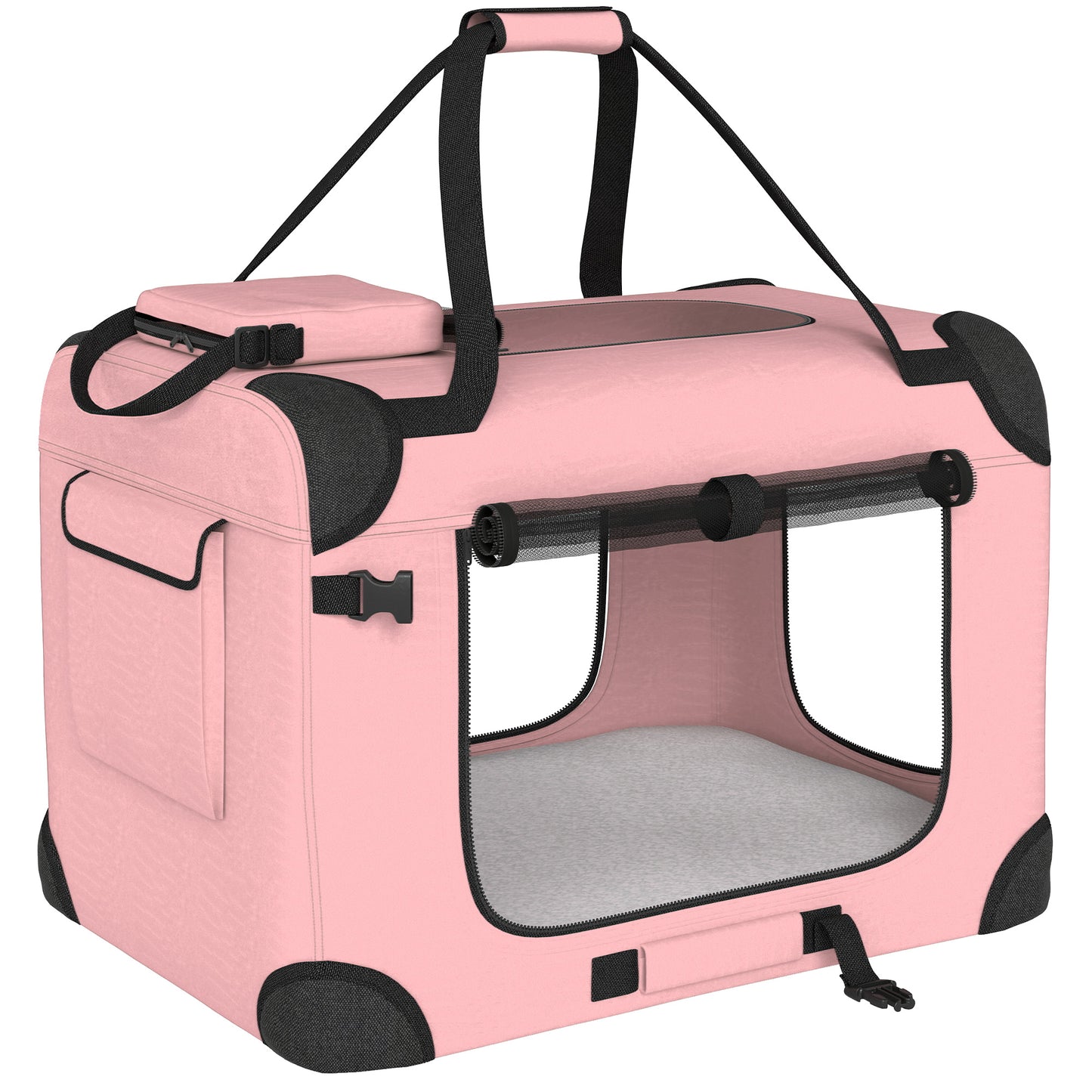 Pawhut Transportín Perro Gato Plegable 60x41,5x41 Cm Con Puertas Cojín Rosa_0