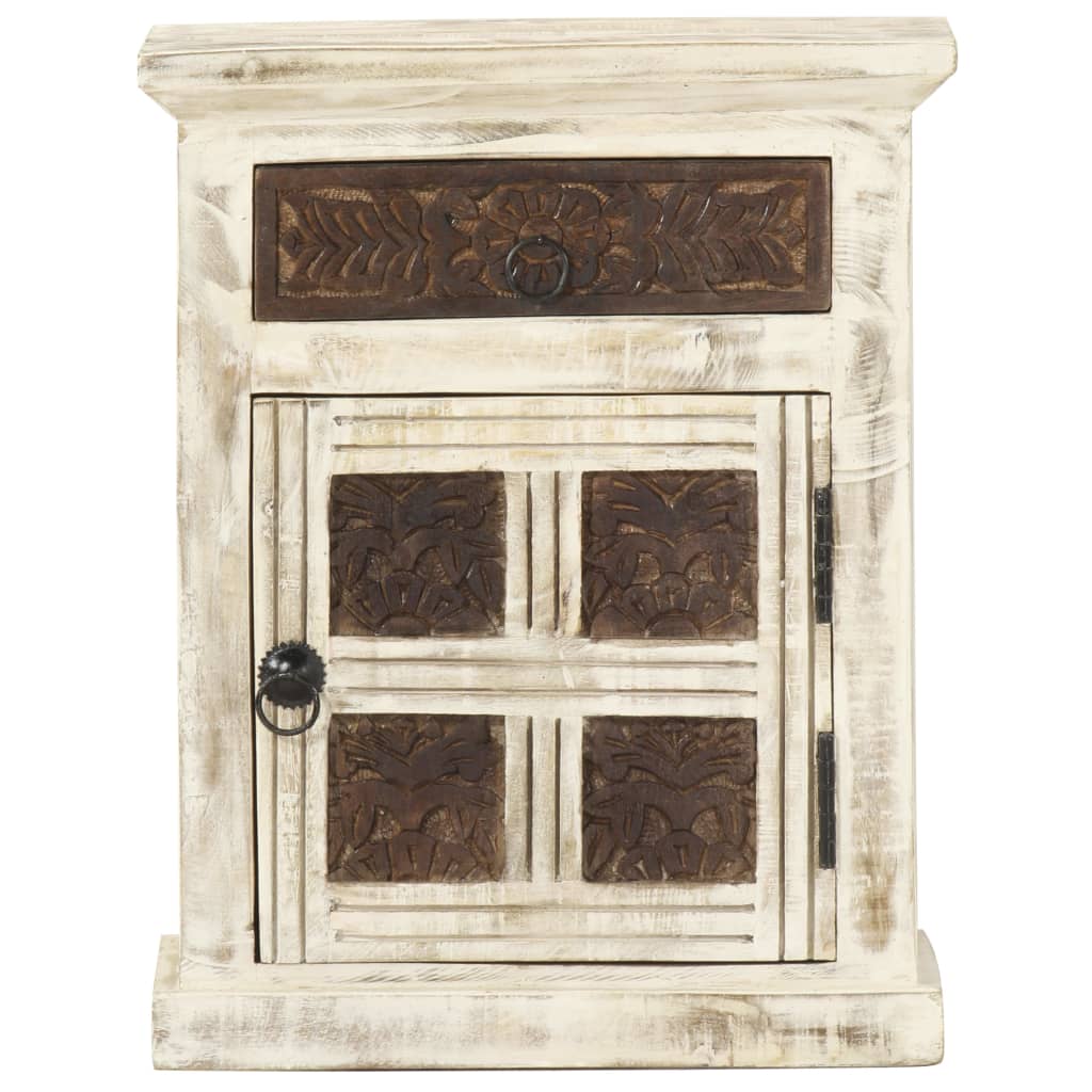 Mesita De Noche De Madera Maciza De Mango Blanco 40x30x50 Cm_0