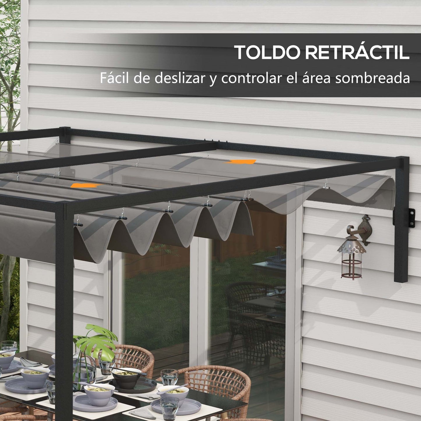 Outsunny Pérgola De Pared 297x211x220 Cm Con Techo Retráctil Para Patio Gris_4
