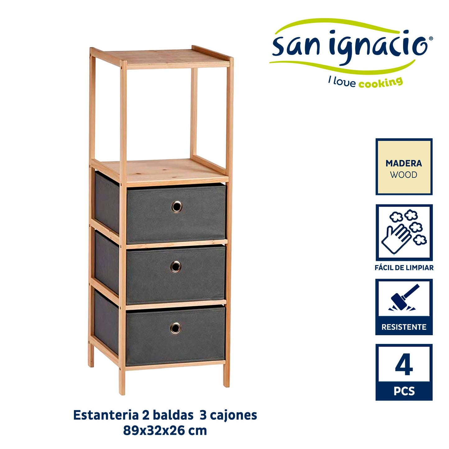 Estantería 2 Baldas + 3 Cajones Gris - Colección Kipit_1