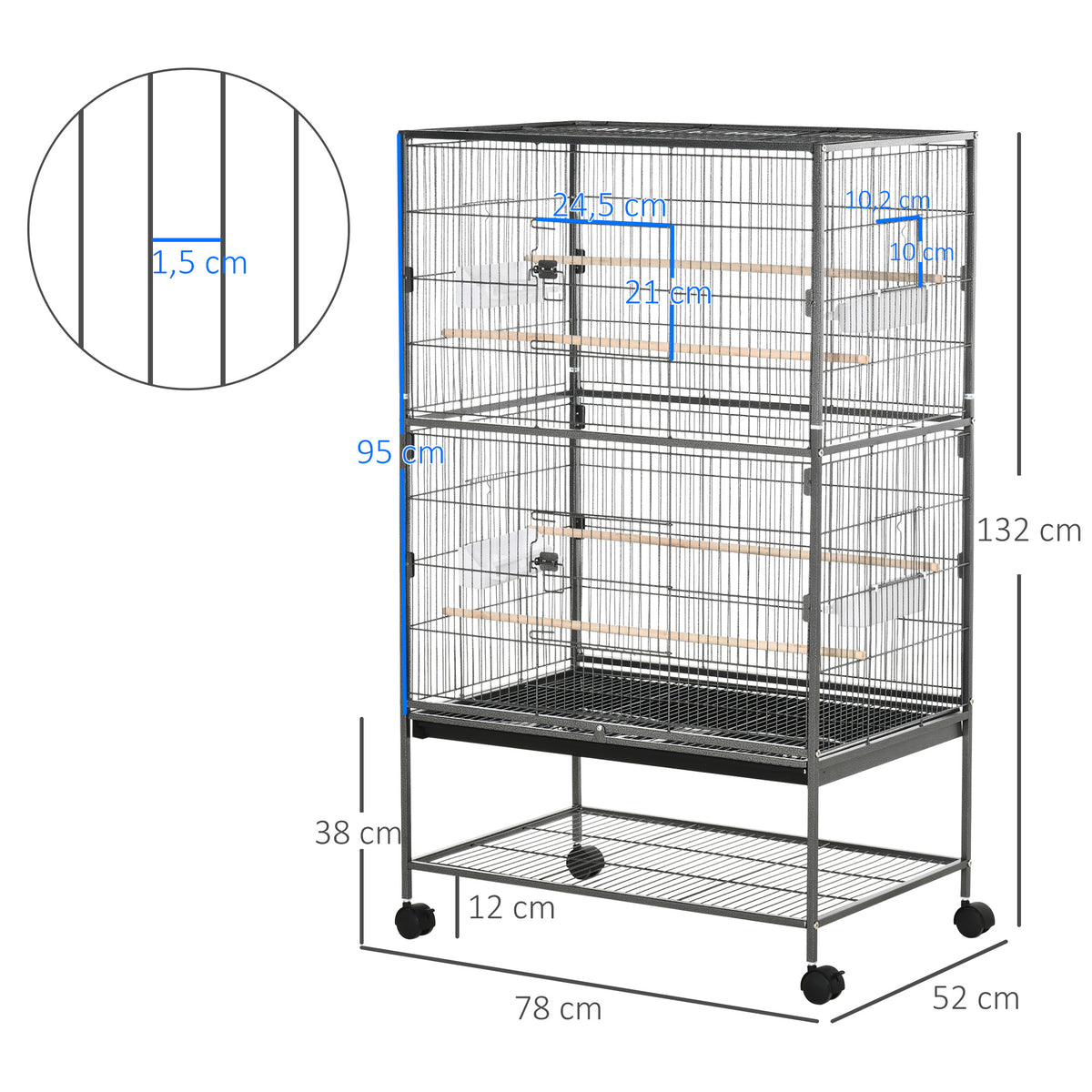 Pawhut Jaula Para Pájaros Con Ruedas 78x52x132 Cm Con Bandeja Extraíble Puertas_2