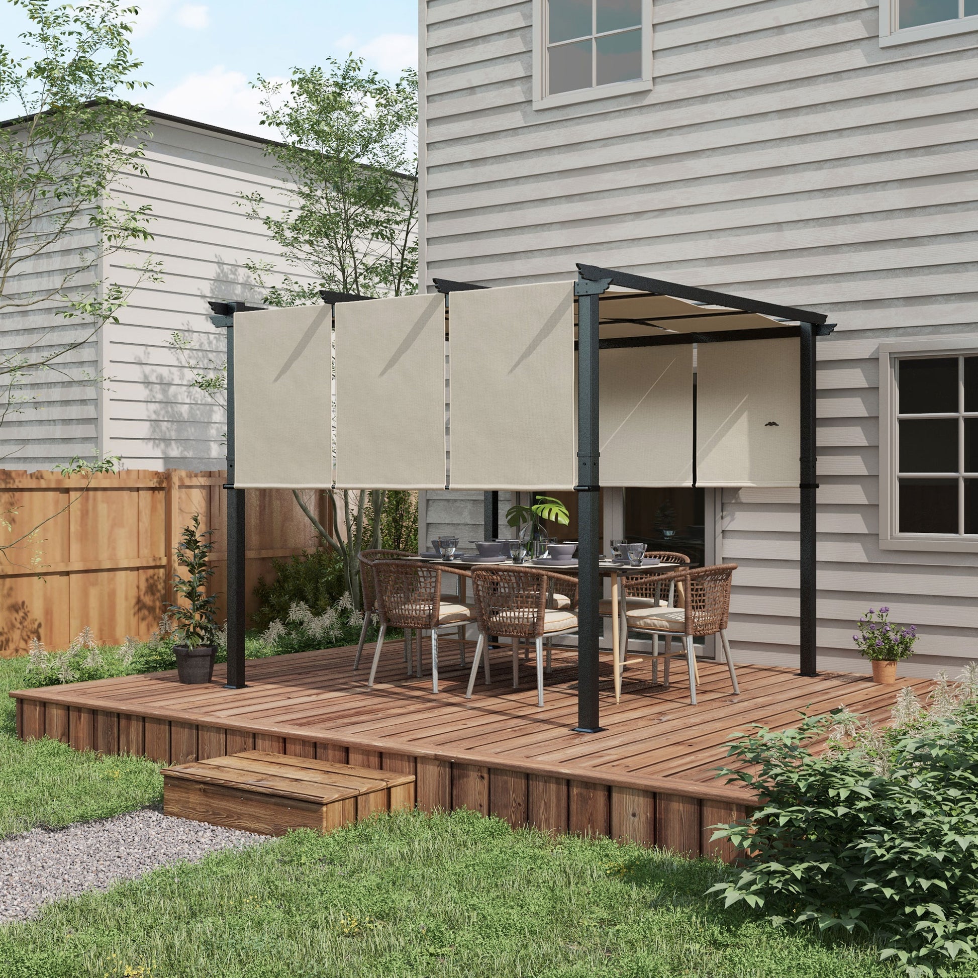 Outsunny Pérgola De Jardín 3x3 M Con Techo Retráctil Marco De Acero Beige_3