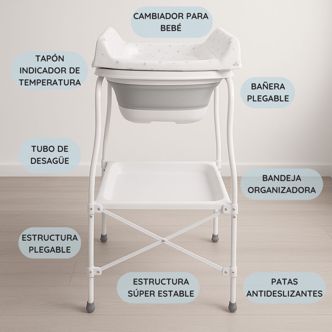 Bañera Bebé 5 En 1 Plegable Con Soporte, Cambiador, Bandejas, Desagüe, Gris Standard Bathby_3