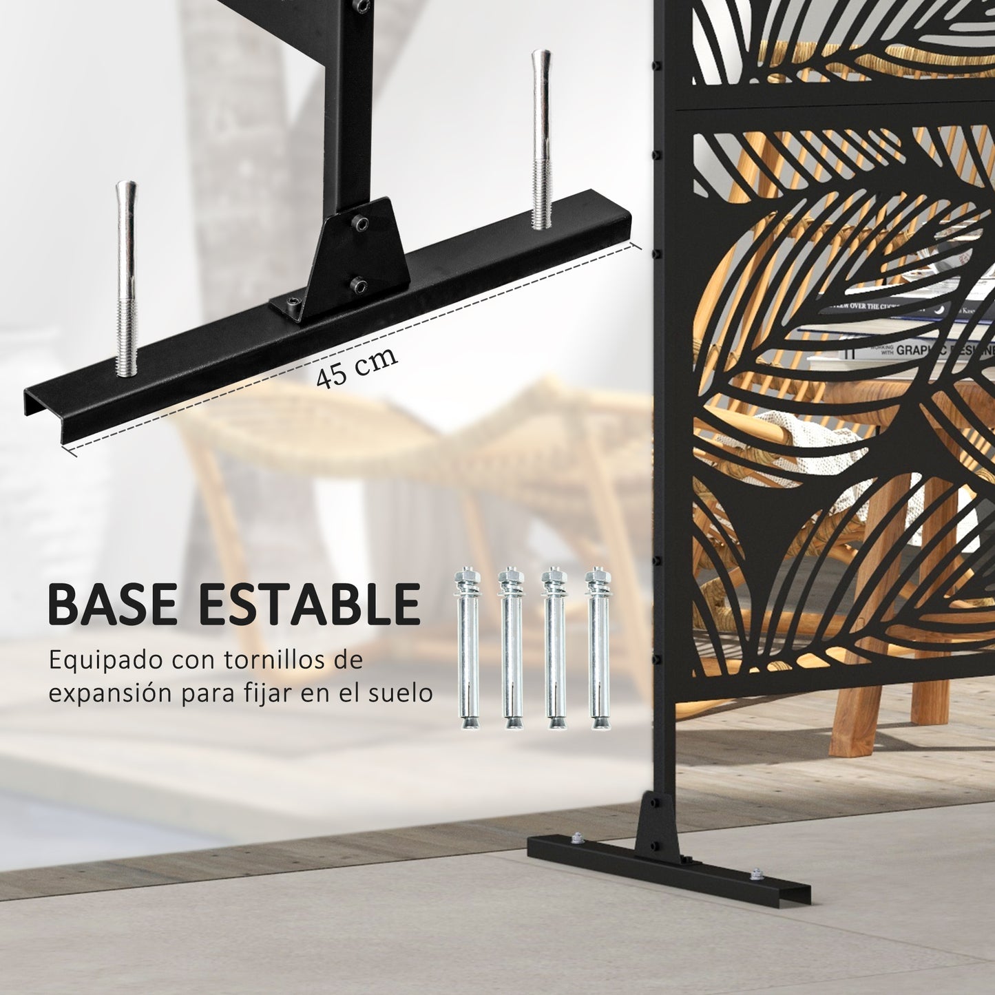 Outsunny Biombo Exterior Con 3 Piezas Patrón De Hoja Grande 122x45x198cm Negro_4