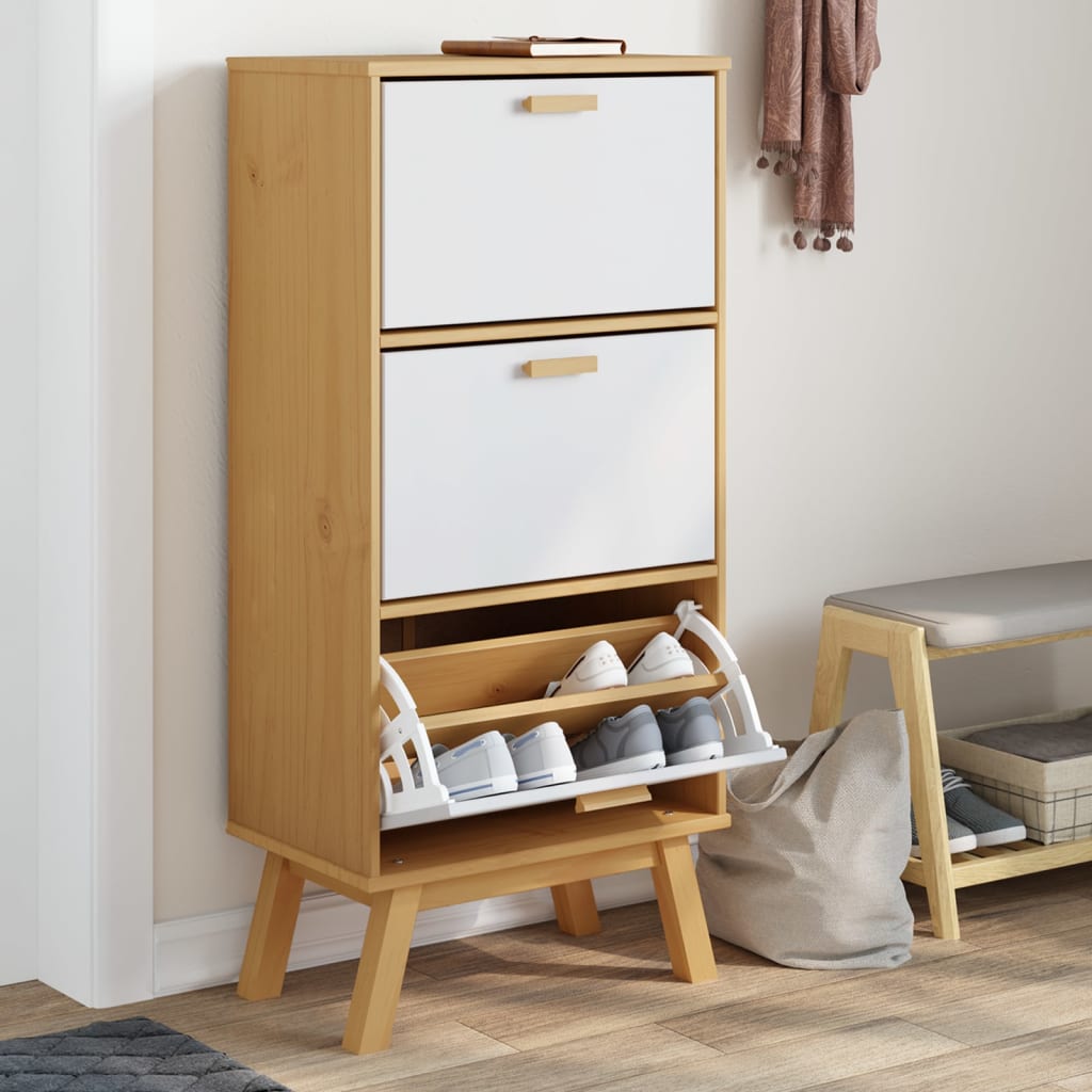 Zapatero Olden Madera Maciza Pino Blanco Y Marrón 55x35x120 Cm / Vetonek_3