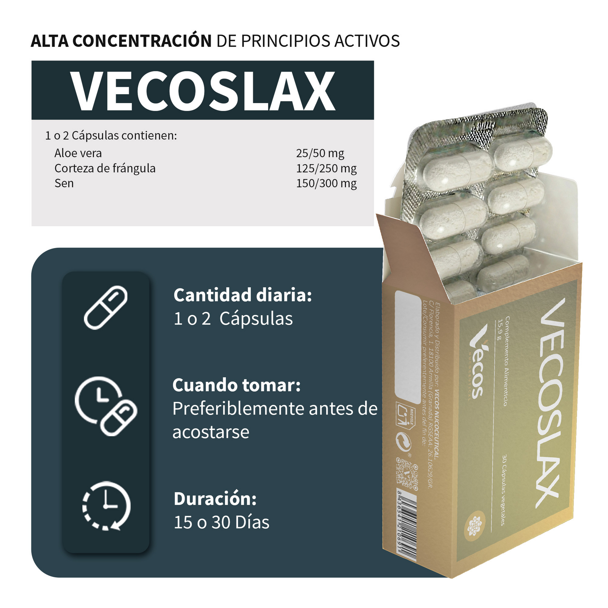 Vecoslax Vecos 30 Cápsulas | Regulación Del Tránsito Intestinal Y Alivio Del Estreñimiento Ocasional | Sen Y Frángula_2