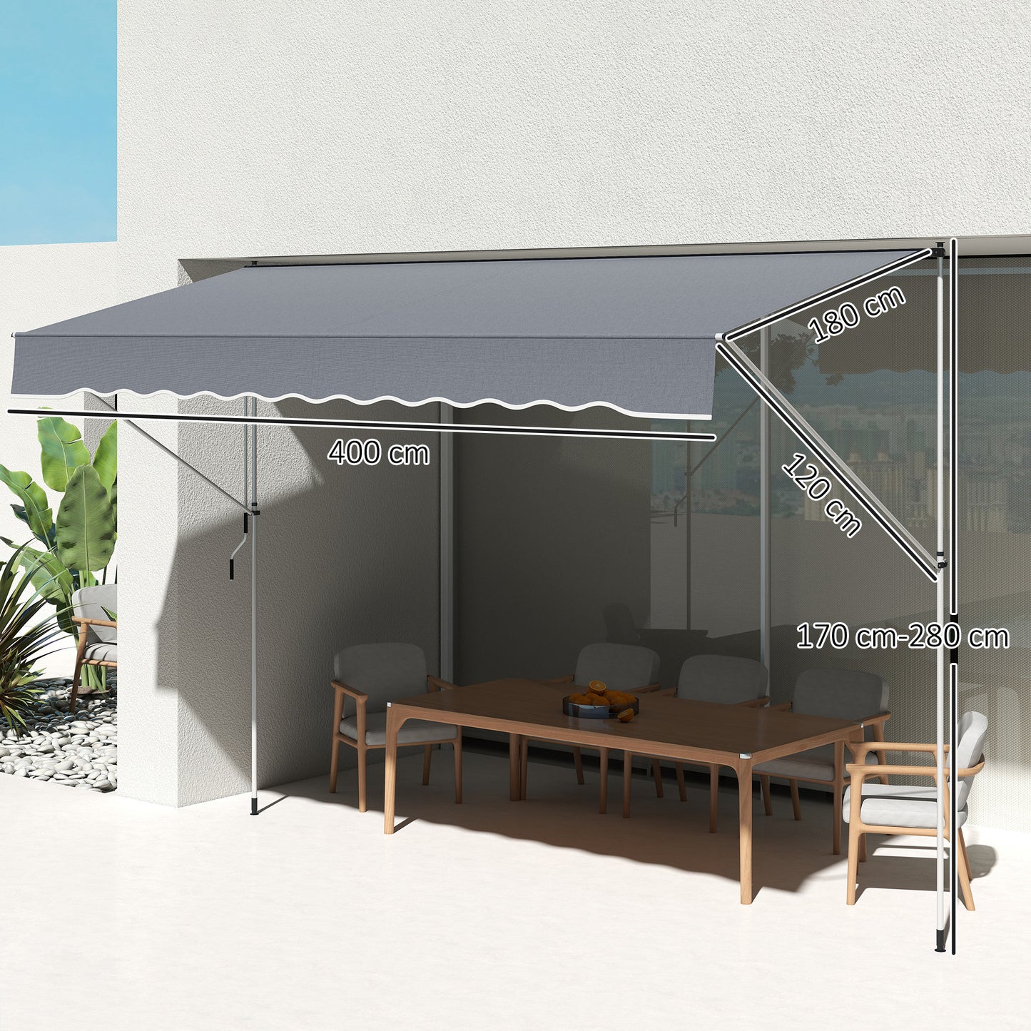 Outsunny Toldo Manual Retráctil Exterior 400x120x170-280 Cm Gris Oscuro_2