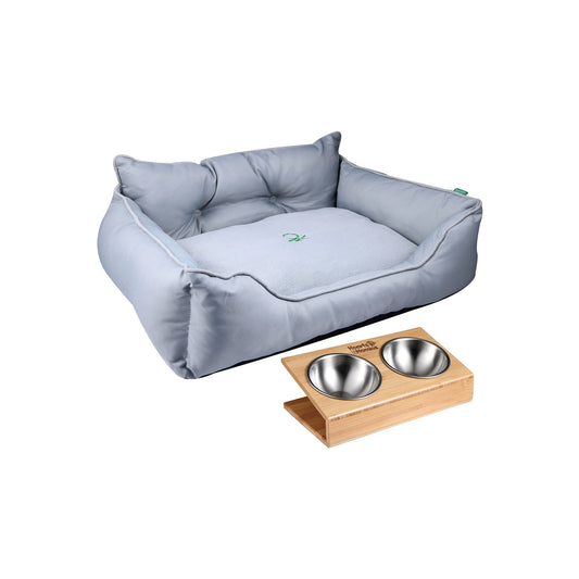 Cama Para Mascota 50x40x18cm Gris + Comedero Doble De Acero En Bambú