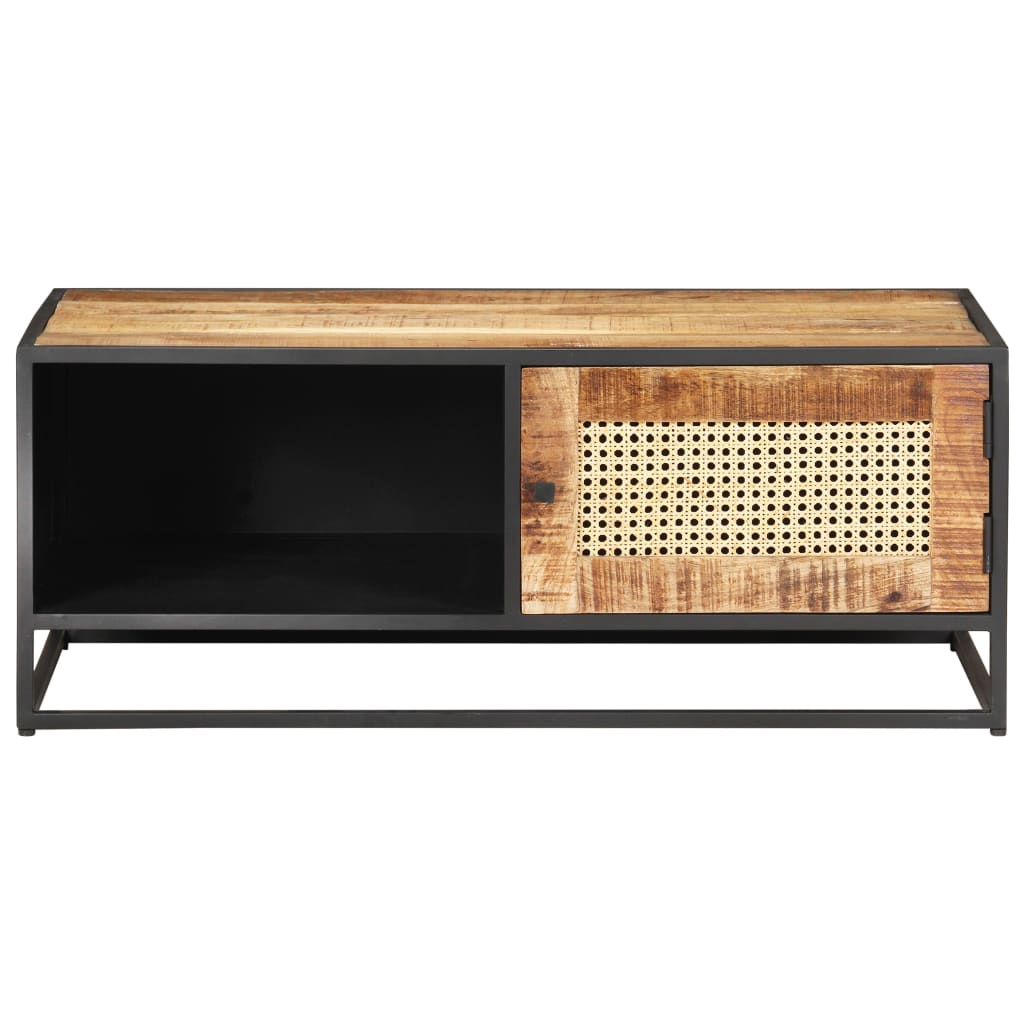 Mesa De Centro Madera De Mango Rugosa Y Caña Natural 90x50x35cm_1