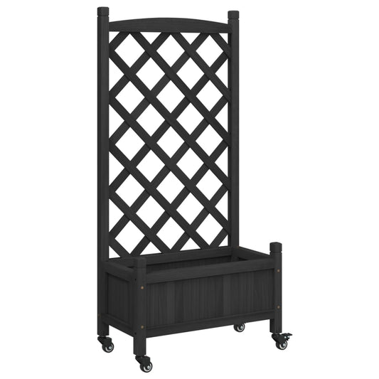 Jardinera Con Enrejado Y Ruedas Madera Maciza De Abeto Negro_0