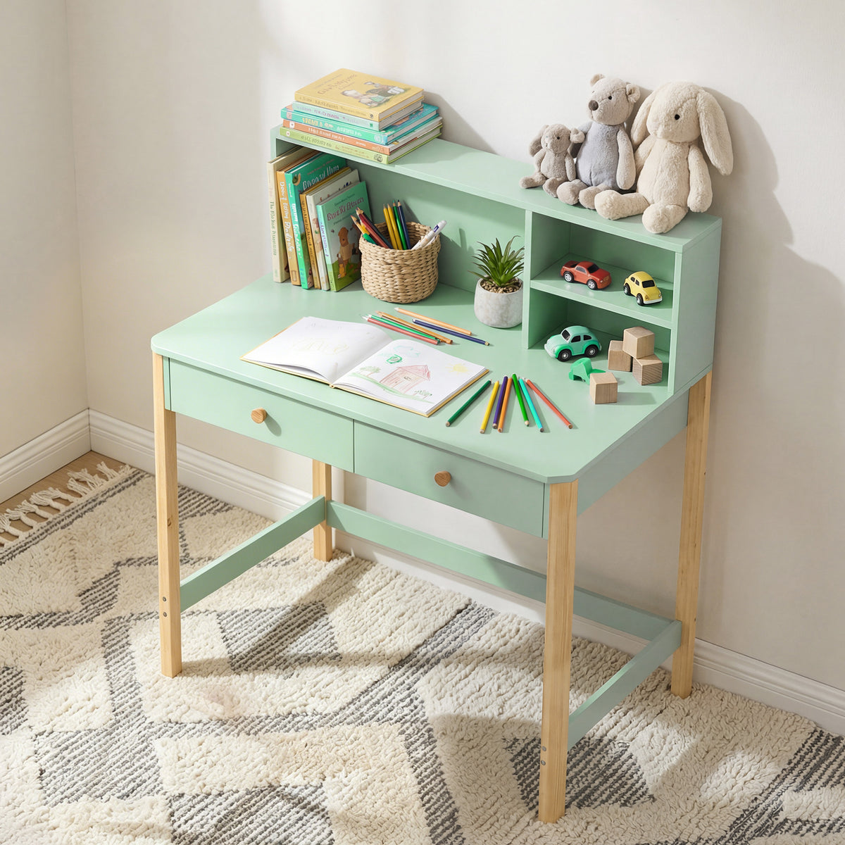 Secretária Infantil Aiyaplay Mdf, Madeira De Pinho Verde 90x52x105 Cm_1