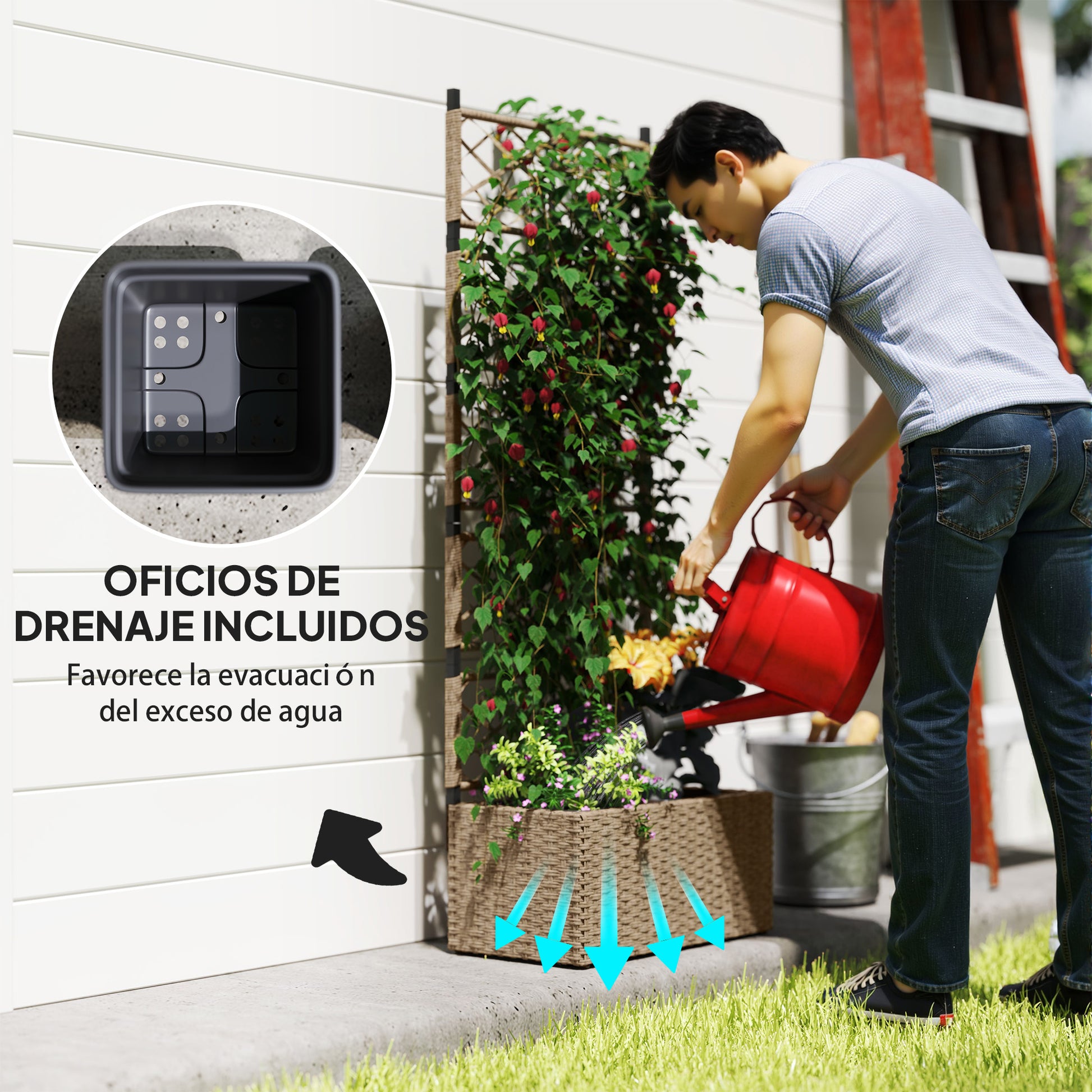 Outsunny Jardinera Exterior Grande De Ratán Con Enrejado 2 Macetas 57x30x150 Cm_4