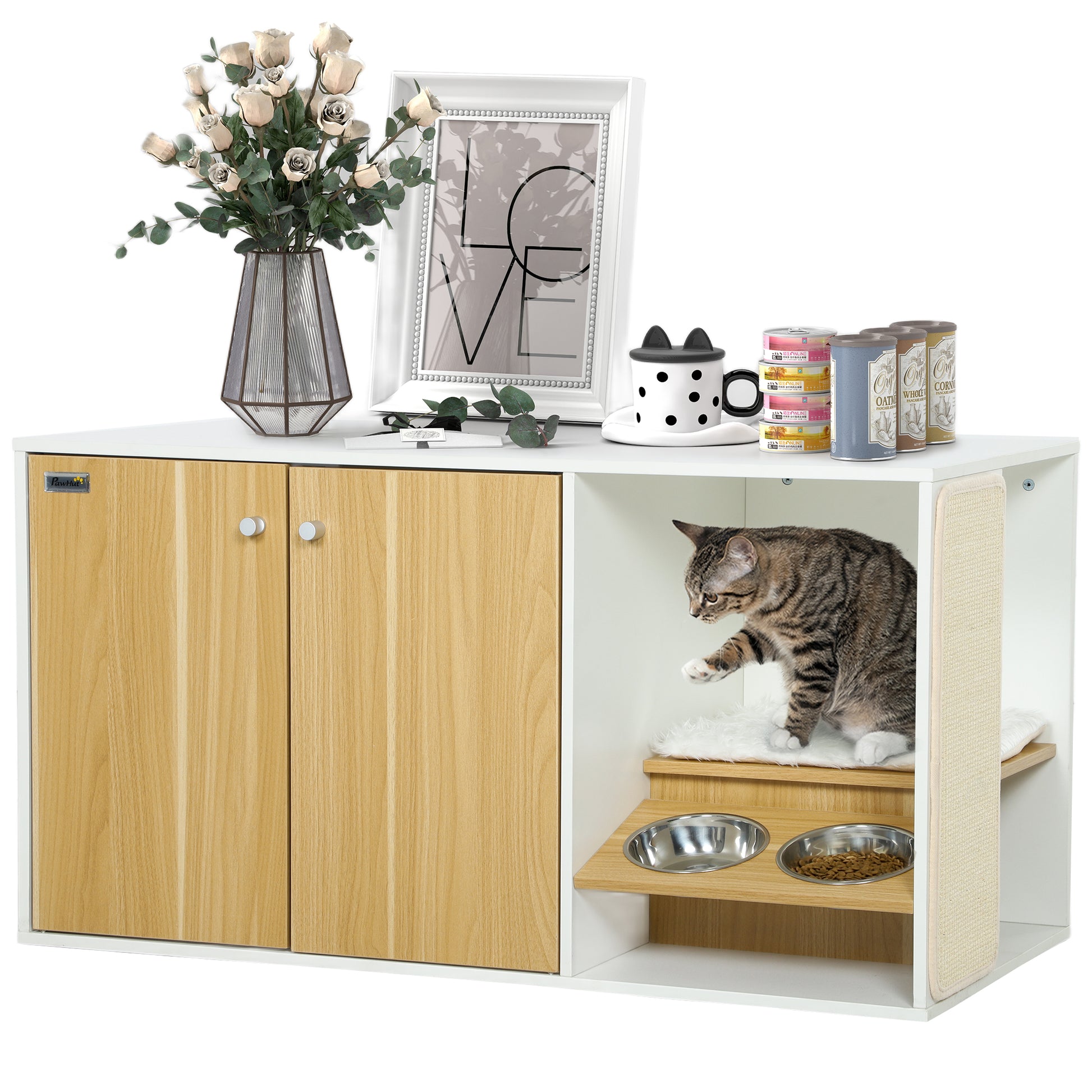 Pawhut Mueble Arenero Para Gatos 3 En 1 Con Puertas Estera Para Rascar Blanco_0