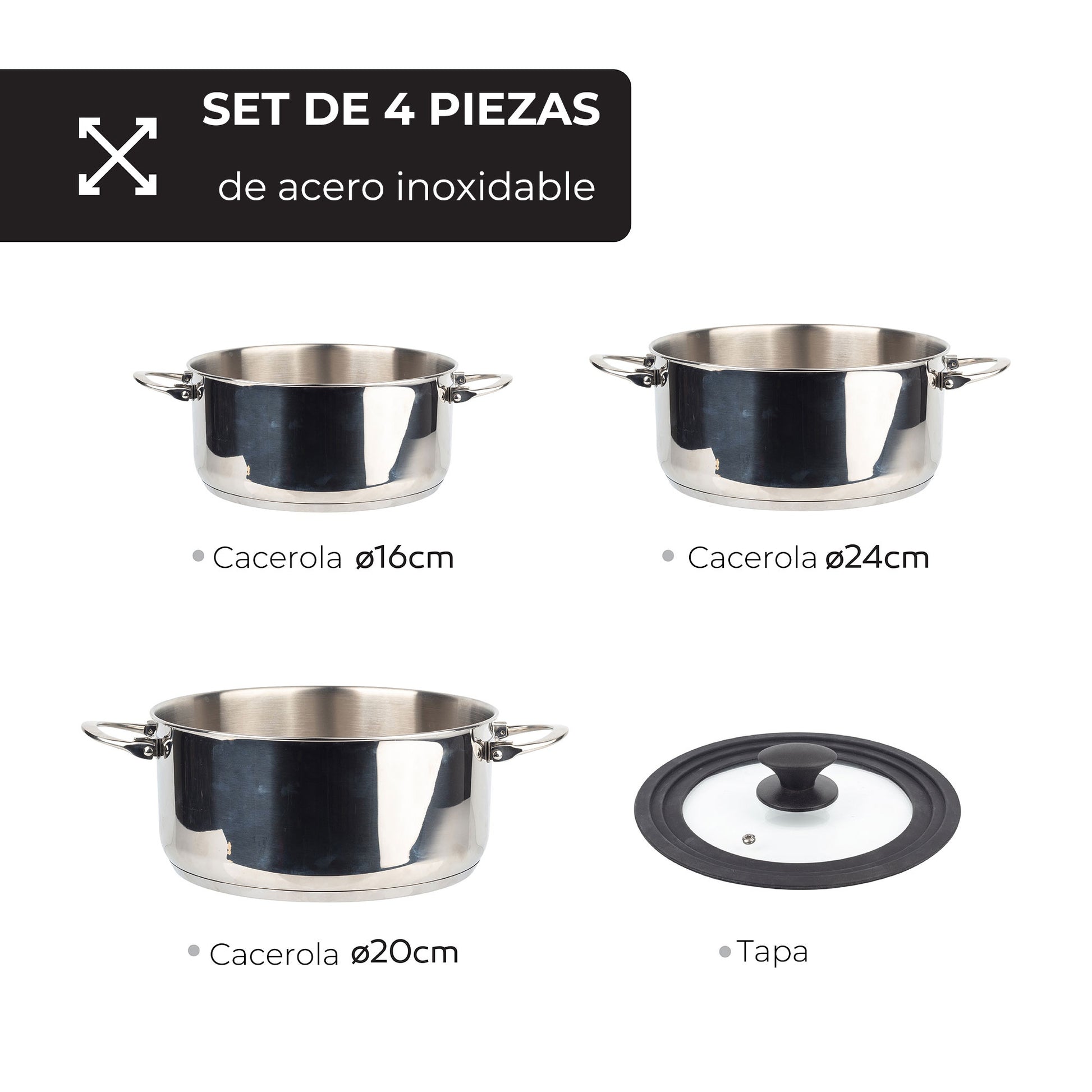 Set De Batería De Cocina En Acero Inoxidable + 3 Sartenes Ø18ø22ø26cm En Aluminio Prensado + 5 Boles De Cristal Con Tapas San Ignacio_3