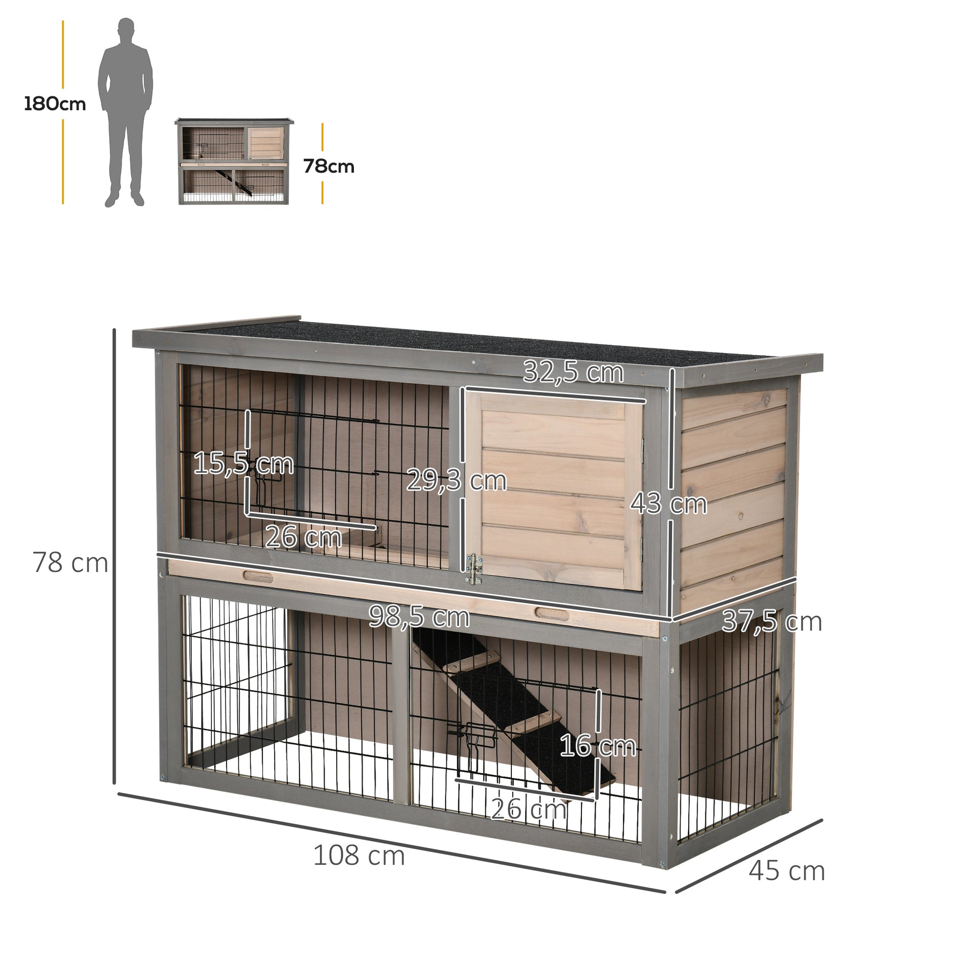 Pawhut Conejera Madera 2 Puertas Cerraduras Techo Asfáltico Abrible 108x45x78cm_2