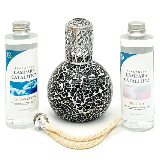 Pack Ahorro Lámpara Catalítica Mosaico Negro + Fragancia Cotton Clean 200ml + Limpiador Neutro 200ml + Mecha De Repuesto_0